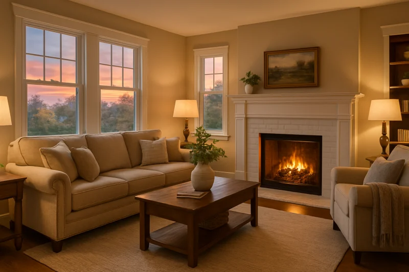 A beautiful cozy living room with a fireplace interior with cozy traditional decor
