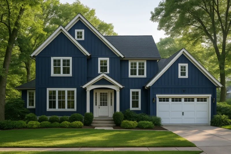 A beautiful, well-maintained transitional-style home with a navy blue board-and-batten siding exterior, New England style home, mature trees, crisp...
